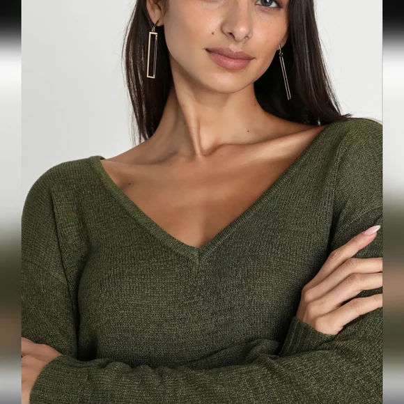 Lulus Perfectly Promising Olive Green Long Sleeve V- Neck Sweater Sz M - Picture 2 of 14